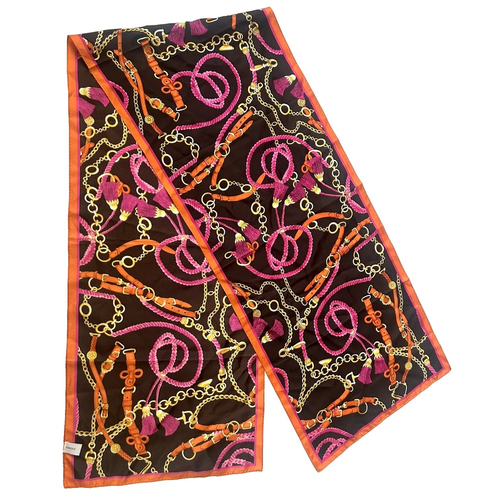 100% Silk Scarf Long Retangular Equestrian Themed Belt Chain Tassel Print